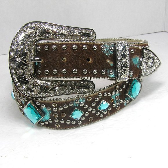 ANGEL RANCH CALF HAIR LEATHER BELT SIZE XL STUDS FAUX GEMS - Picture 11 of 16